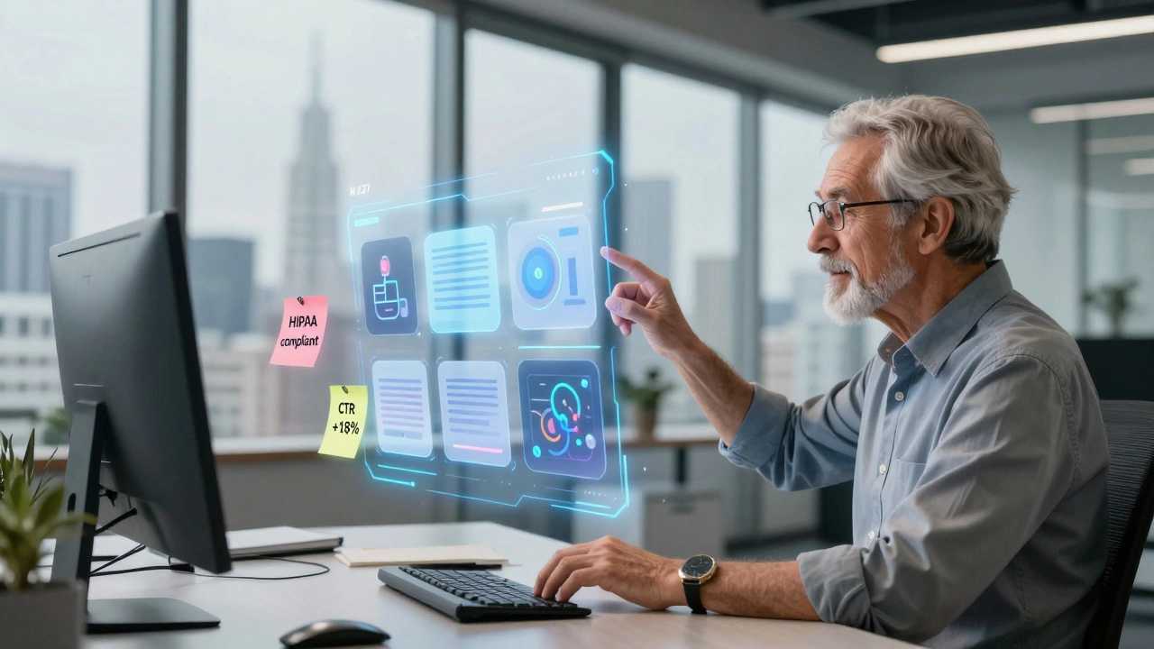 Дизайнер выбирает AI-вариант интерфейса среди голографических подсказок в современном офисе.