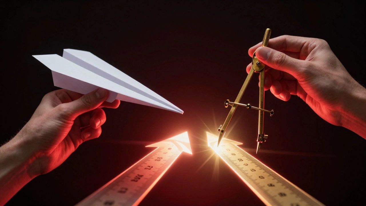 Две руки держат разные инструменты над логотипом, символизируя разницу между шаблоном и стратегией.