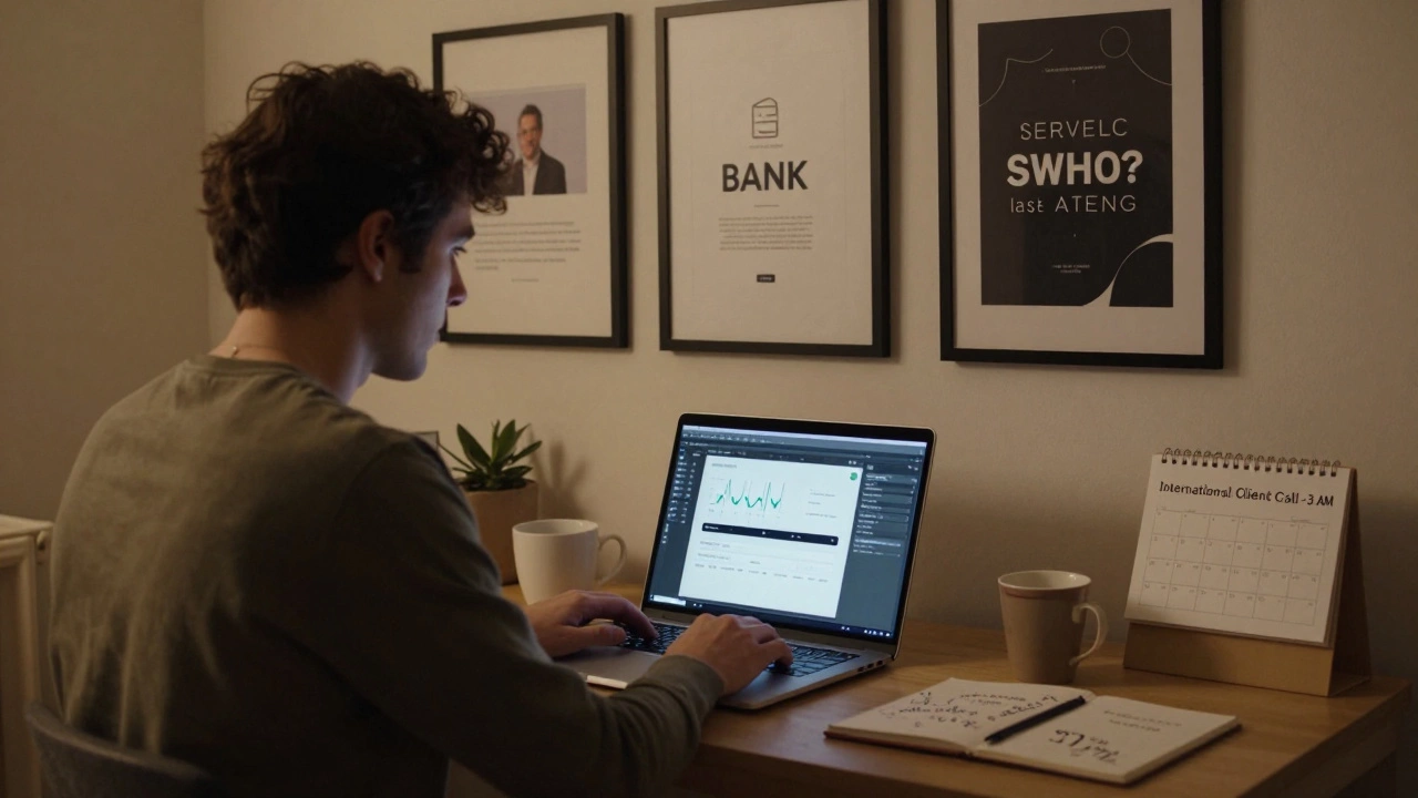 Фрилансер ночью в квартире с интерактивным прототипом и кейсами на стене.