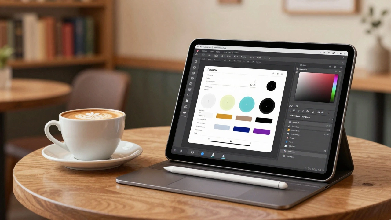 Фрилансер работает с iPad в кафе, на экране виден интерфейс Figma с компонентами дизайна.