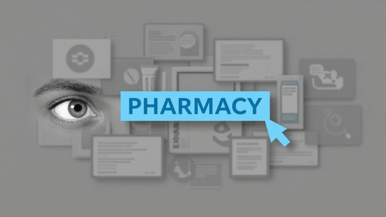 Глаз человека смотрит сквозь хаос рекламы на один четкий визуальный сигнал — ярлык лекарства.