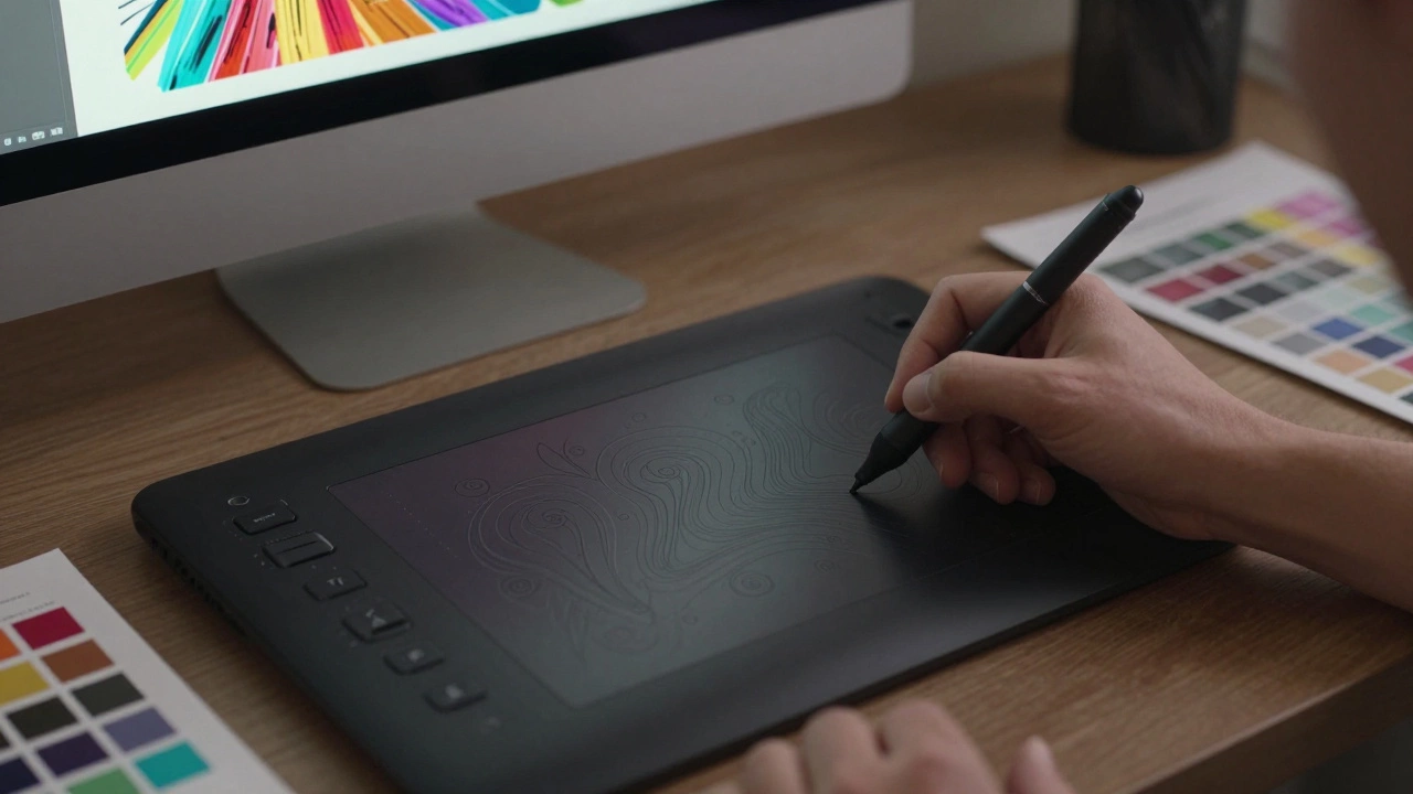 Художник рисует на графическом планшете Wacom Intuos Pro, подключенном к компьютеру.