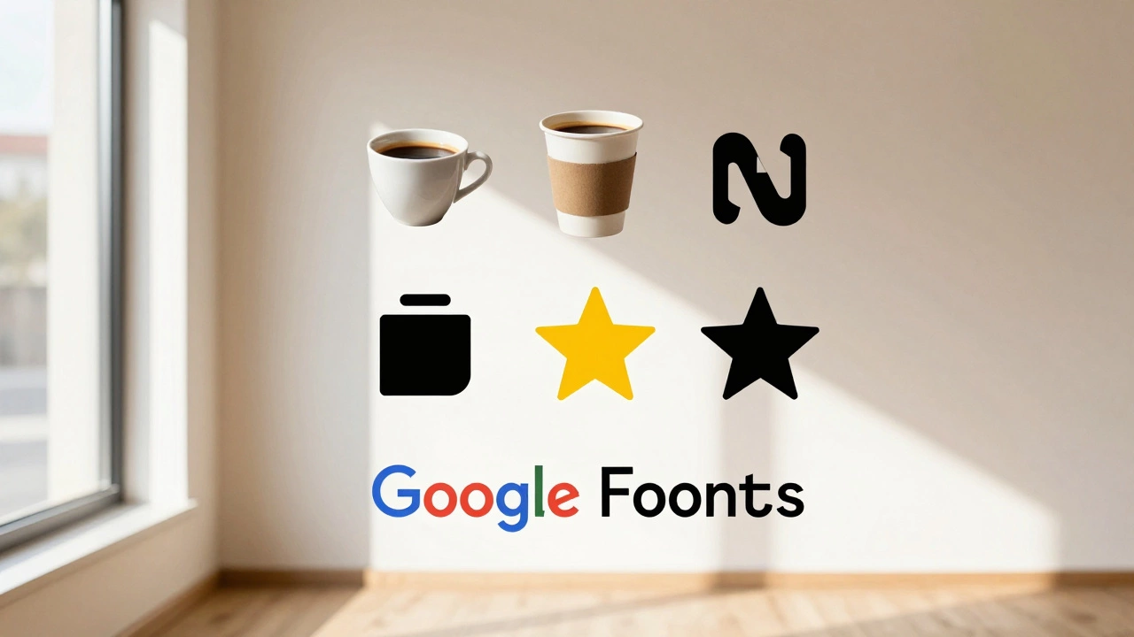 Плакат для кофейни, составленный из готовых элементов: фото чашки, иконки, векторные формы и шрифты, плавающих в воздухе.