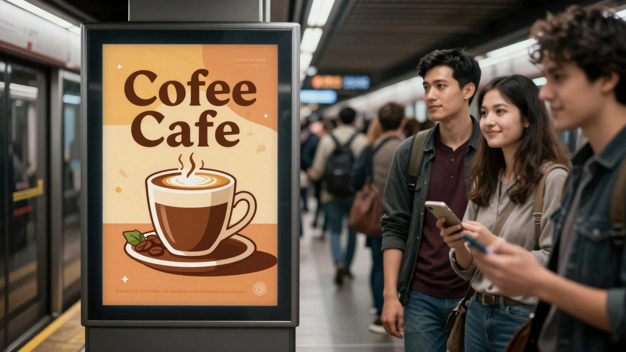 Плакат кофейни с тёплыми цветами привлекает внимание прохожих на оживлённой станции метро.