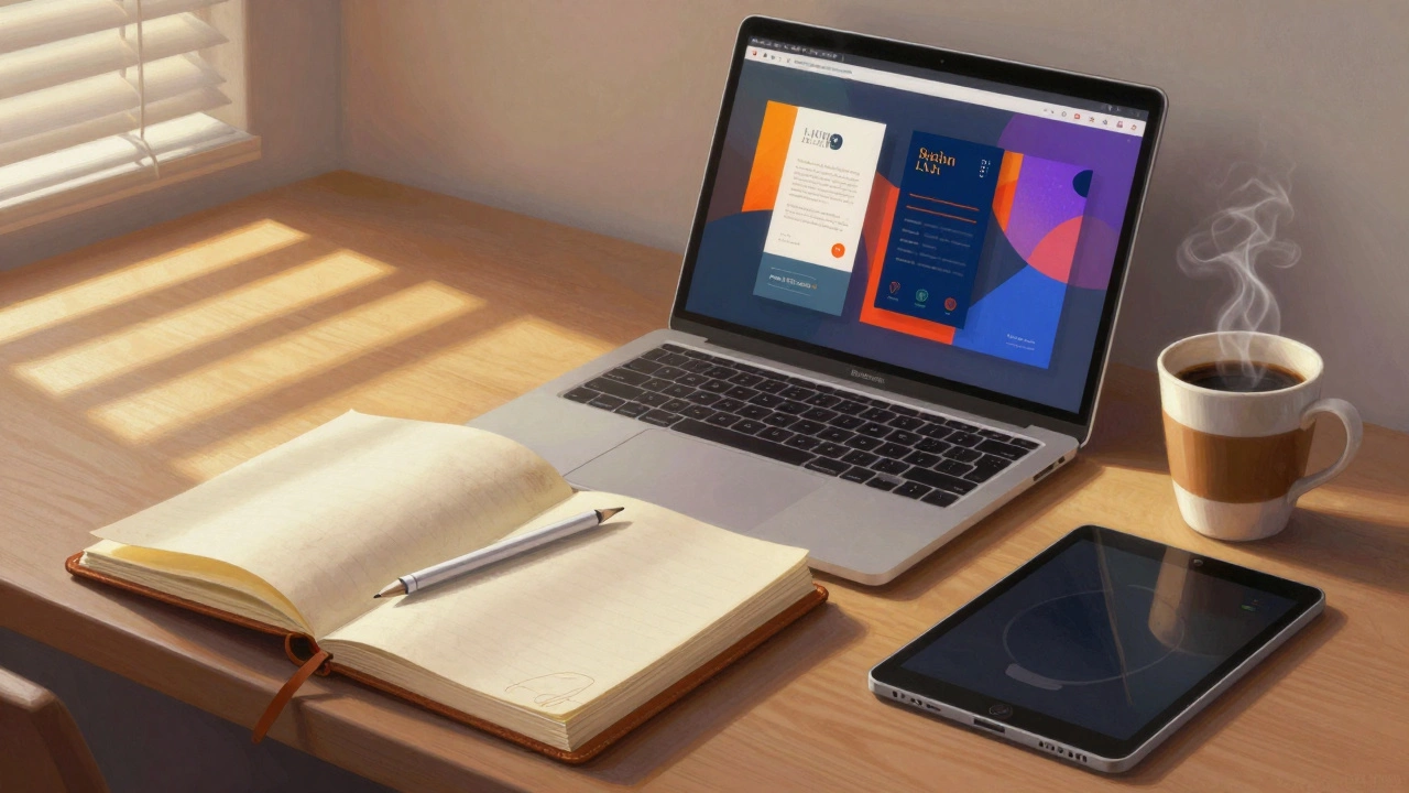 Рабочее место дизайнера утром: ноутбук с макетом упаковки, рядом лежит стилус и чашка кофе.