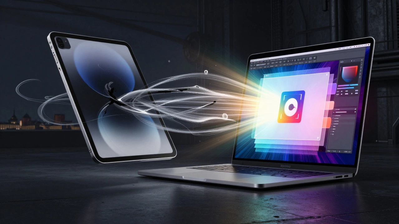 Разделённая сцена: планшет с мазками кисти и ноутбук с дизайном, световые лучи между ними.