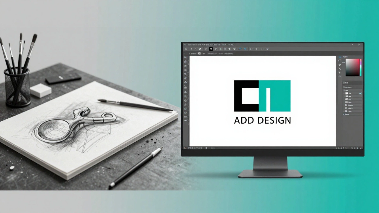 Сравнение: грязный стол с рисунками слева и чистый цифровой рабочий стол с логотипом из геометрических форм справа.