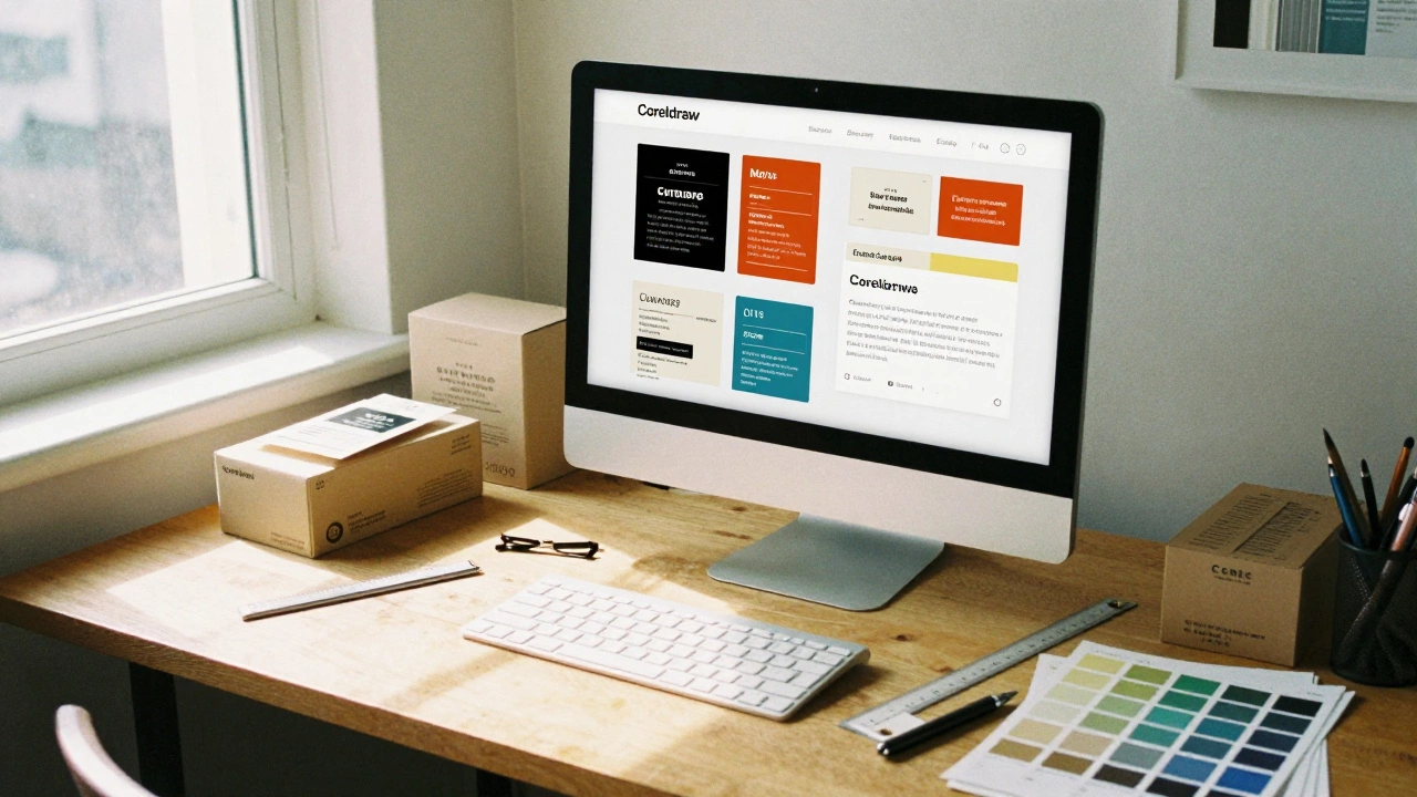 Старая студия с CorelDRAW и печатными макетами этикеток и упаковки.