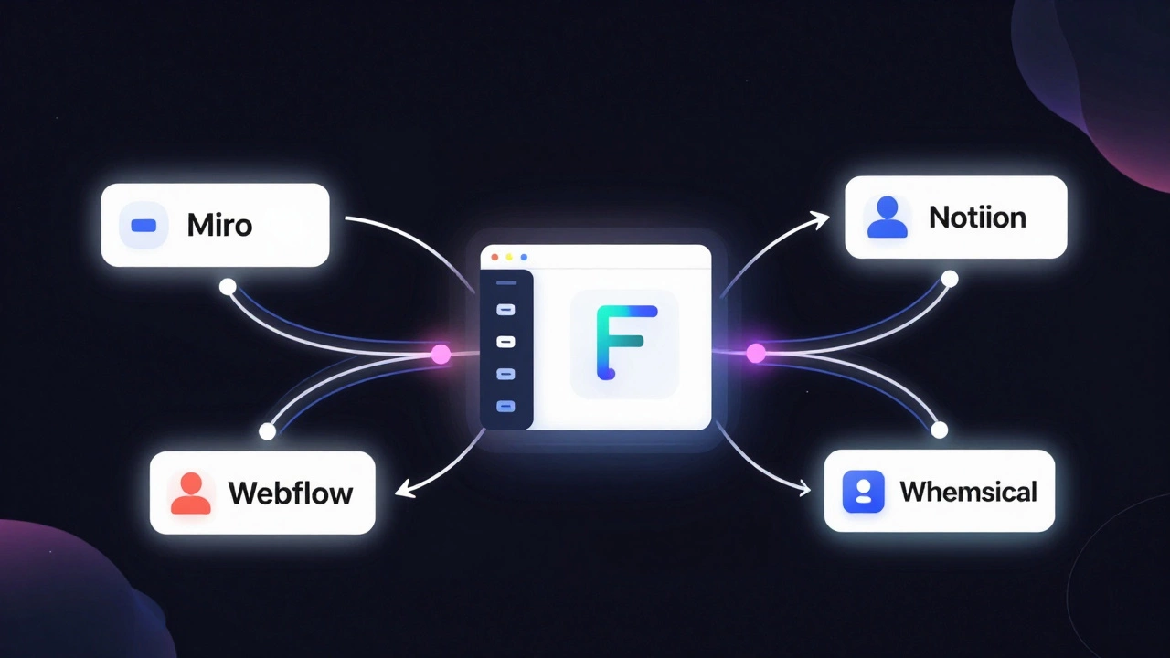 Цепочка инструментов UX/UI: Miro, Notion, Webflow и Whimsical ведут к центральному Figma как к основному ядру.