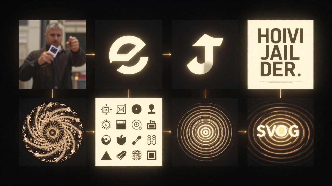 Цифровая панель с семью типами графики, соединёнными золотыми нитями, на тёмном фоне.