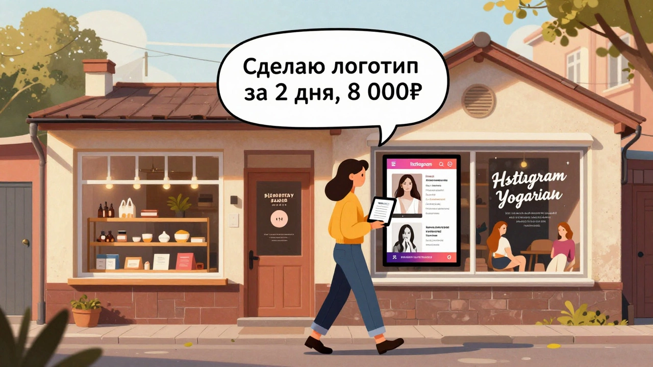 Дизайнер идет по улице, за его спиной малые бизнесы с новыми брендированными постерами и соцсетями.