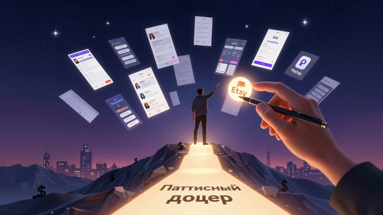 Дизайнер стоит на горе цифровых шаблонов, под ним путь к пассивному доходу, звездное небо и иконки Etsy и Payhip.