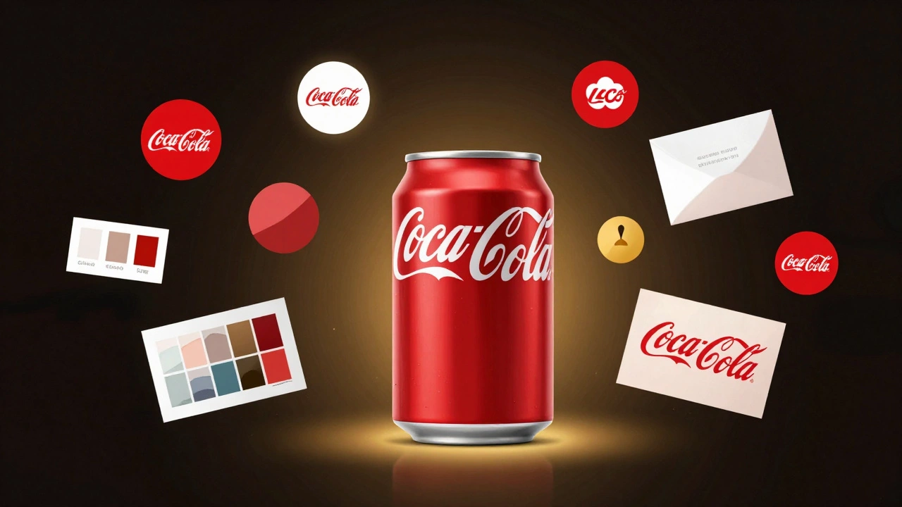 Элементы бренда: красная банка, шрифты и цвета, символизирующие узнаваемость и эмоциональную связь.