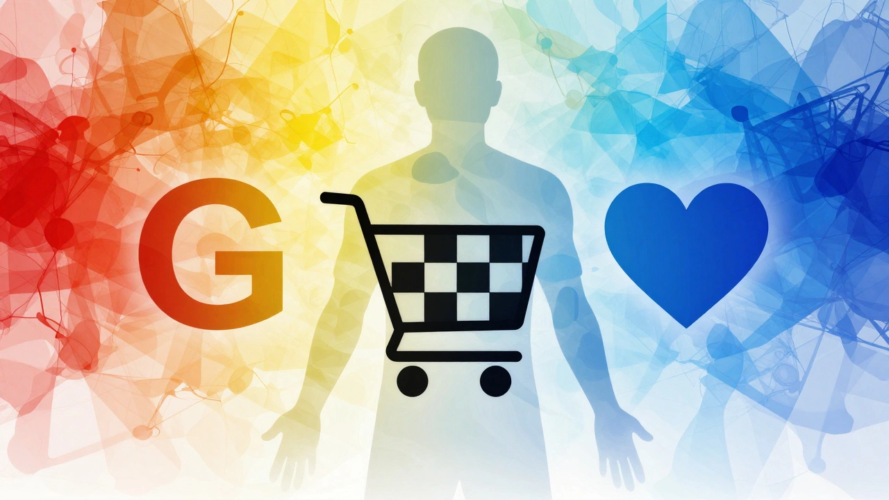 Прозрачная фигура человека, состоящая из элементов хорошего дизайна: логотип, корзина, контраст, эмоция.