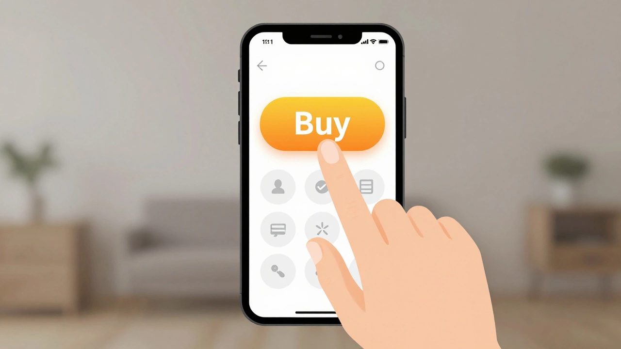 Рука нажимает на четко видимую кнопку 'Купить' в простом и понятном мобильном приложении.