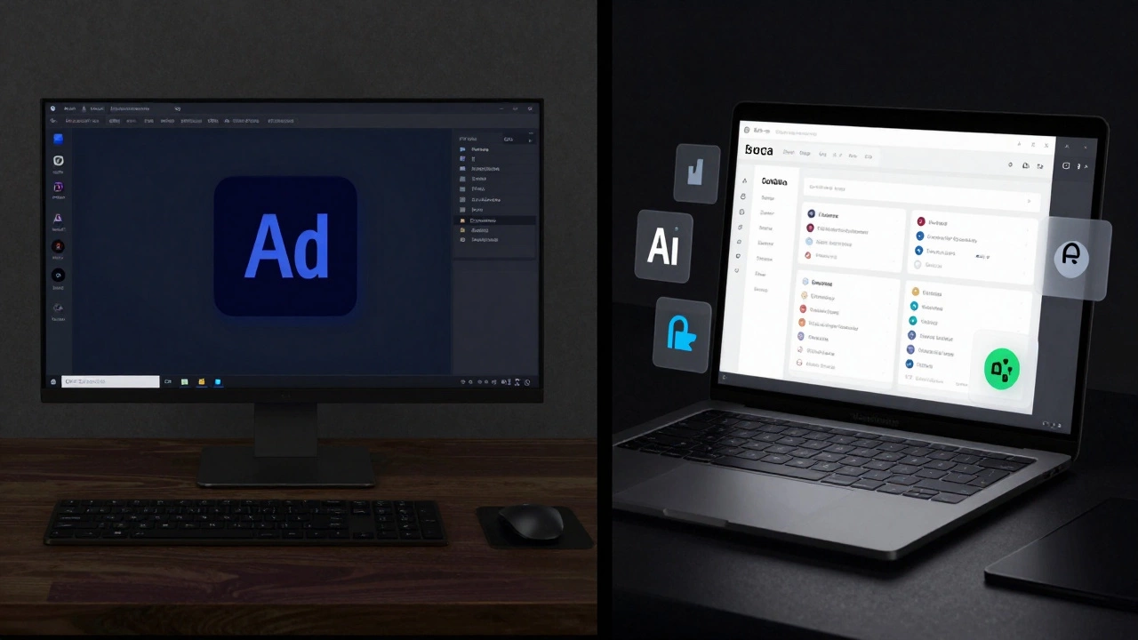Сравнение устаревшего Adobe XD и современного Figma: слева — проблемы, справа — удобство и интеграции.