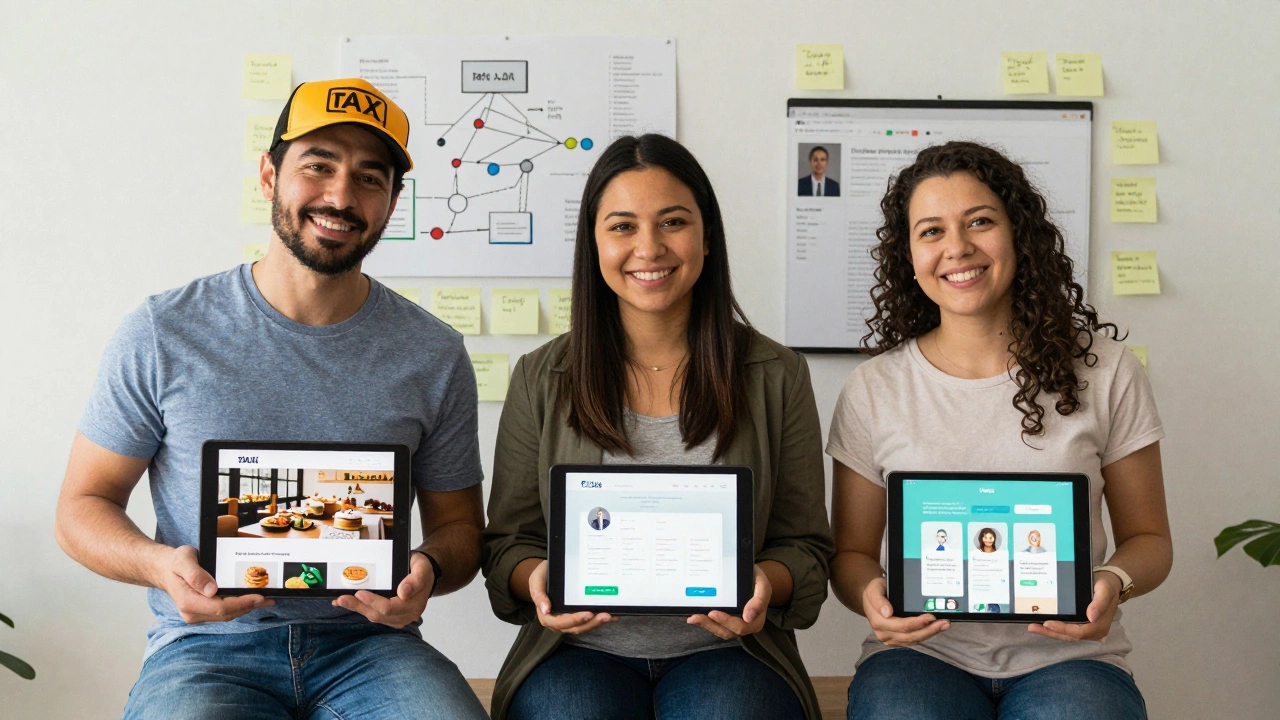 Три человека с проектами в Figma: сайт булочной, приложение для записи к врачу и приложение для бегунов.
