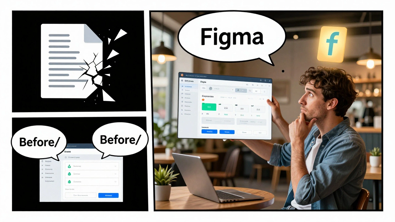 Дизайнер представляет прототип владельцу кафе, показывая изменения в пользовательском потоке, фон — разрушающийся PDF и светящийся Figma.