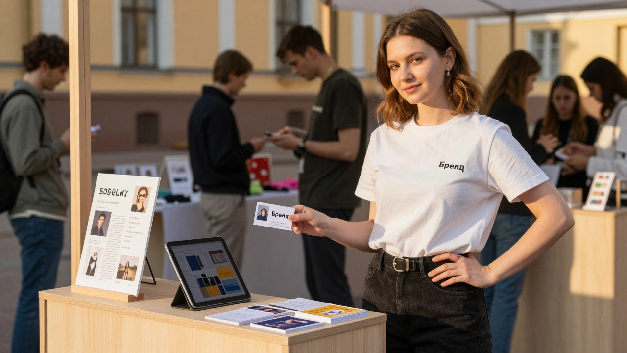 Дизайнер раздаёт визитки на креативной ярмарке в Смольном, за спиной — посетители и его портфолио на планшете.