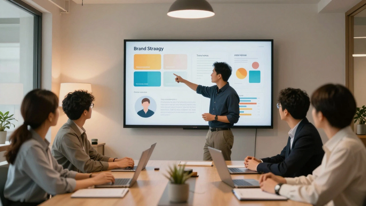 Дизайнер руководит командой, объясняя стратегию бренда на большом экране.