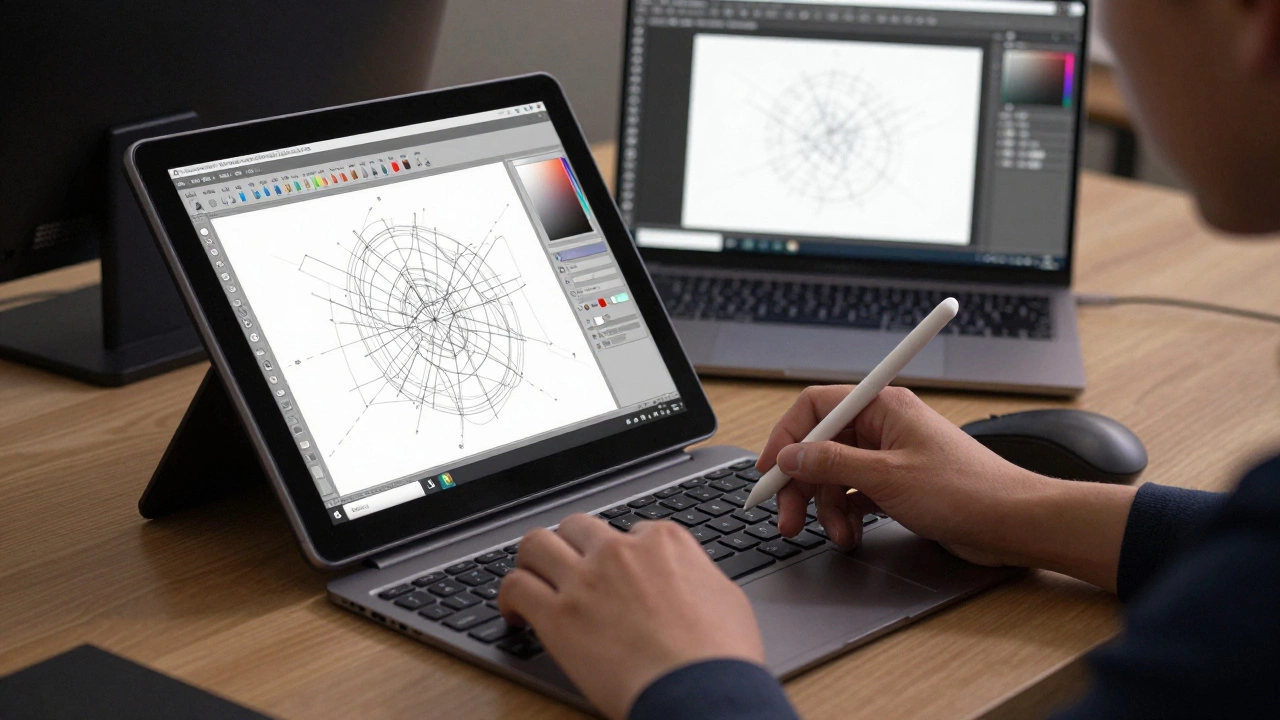 Художник работает с векторной графикой на Surface Pro 10, рядом клавиатура и мышь.