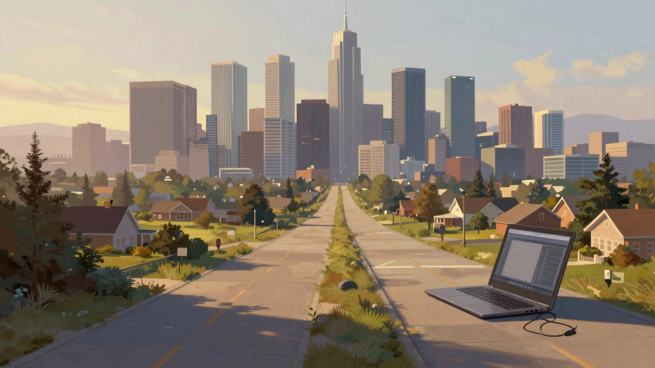 Панорамный вид города и ноутбук, иллюстрирующий выбор места жительства