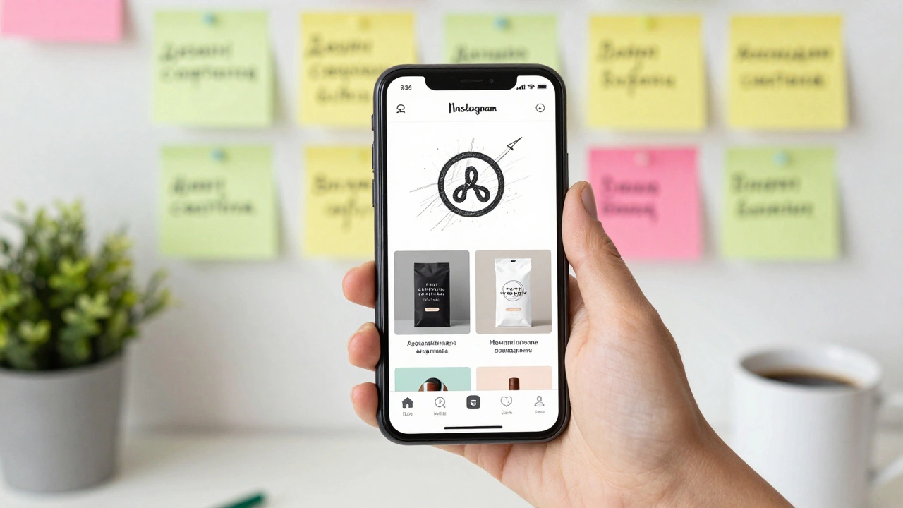 Рука держит телефон с Instagram-постом о процессе создания логотипа, на стене — хэштеги для дизайнеров.