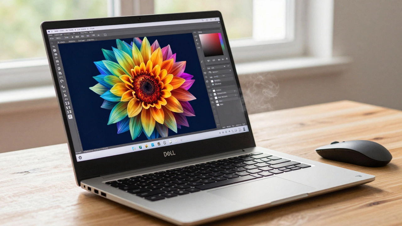 Современный ноутбук с 4K экраном отображает детализированный графический дизайн, рядом клавиатура и мышь, естественный свет из окна.