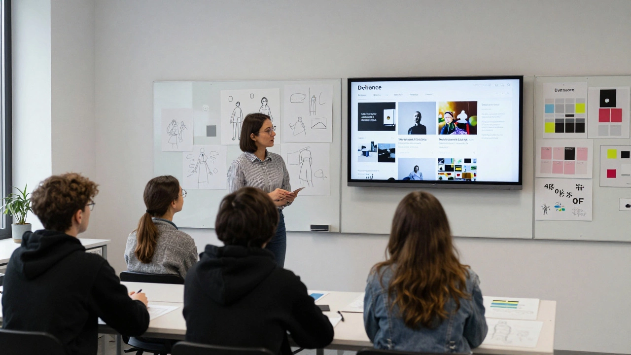 Студенты дизайн-школы в Москве представляют проекты преподавателю-практику, на стенах — эскизы и бренд-гайды.