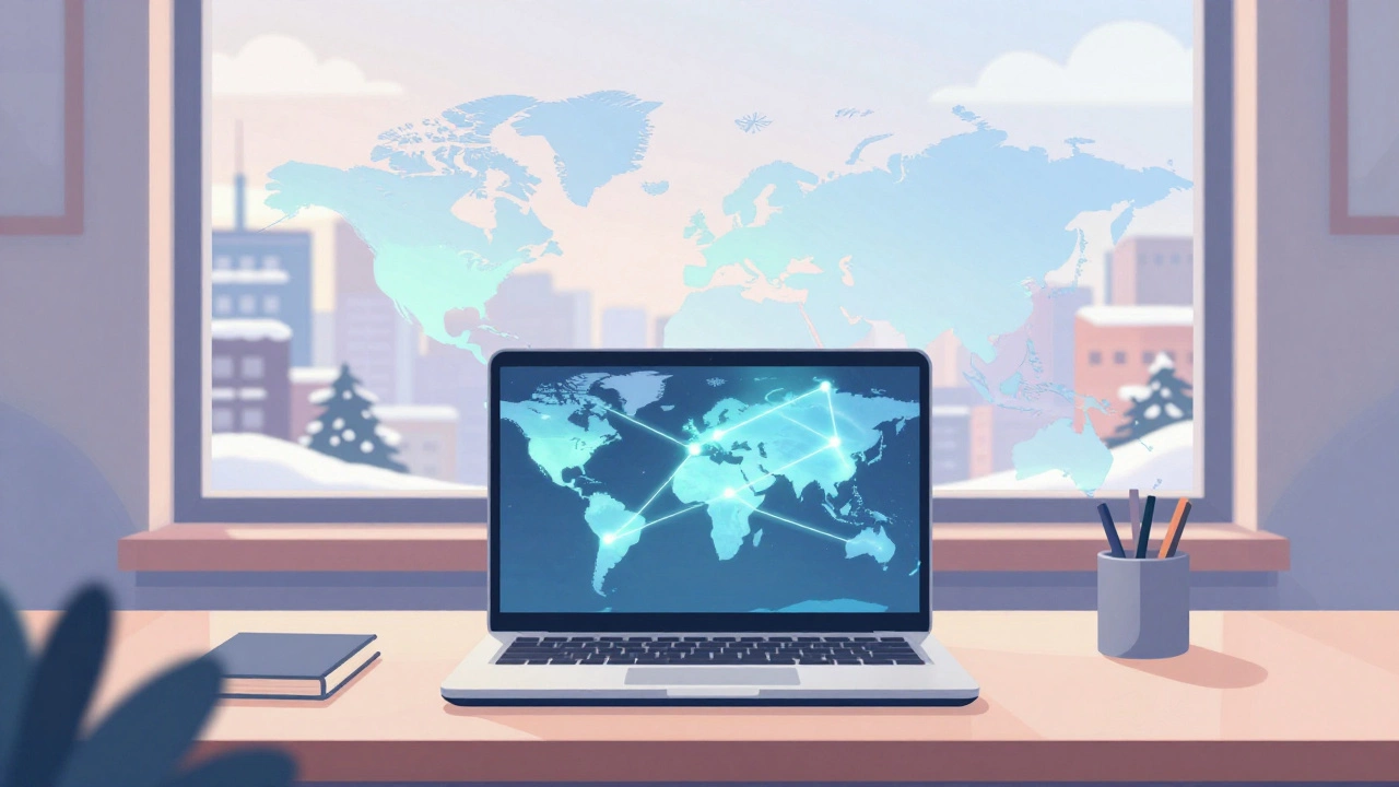 Удаленный специалист за ноутбуком у окна с видом на городскую панораму