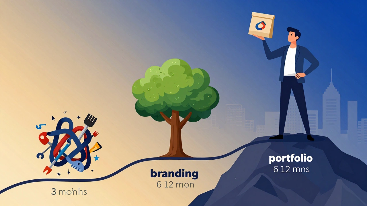 Визуальная временная шкала, показывающая эволюцию дизайнера от новичка до профессионала через три этапа.