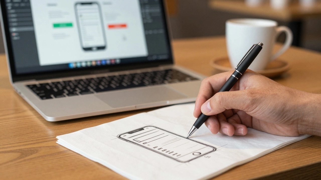 Быстрый набросок интерфейса приложения на салфетке рядом с готовым макетом в Figma.