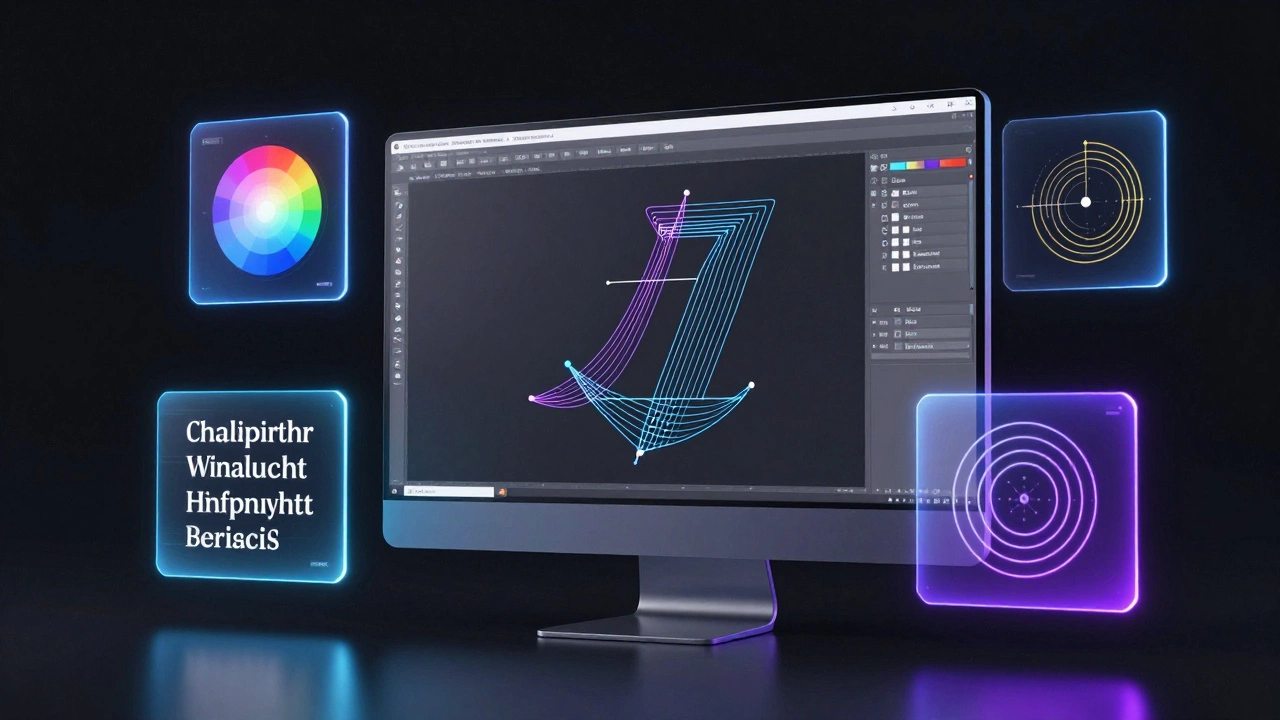 Цифровой интерфейс с векторными кривыми, цветовым кругом и типографикой в современном стиле.