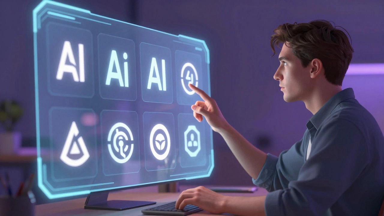 Дизайнер корректирует варианты логотипов, созданные нейросетью, на голографическом экране