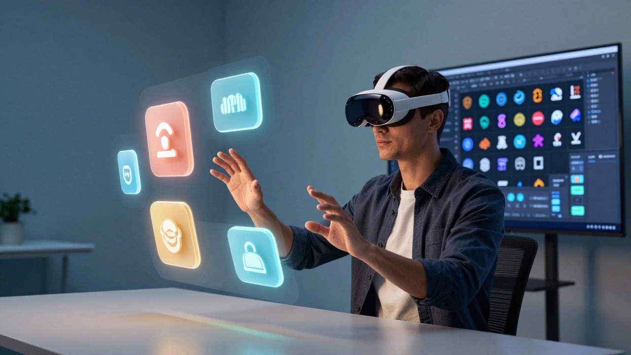 Дизайнер в AR-очках работает с объемными голографическими элементами интерфейса