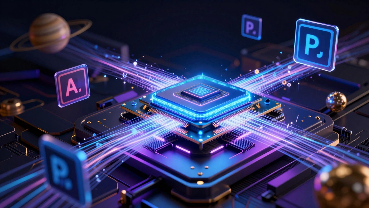 Концептуальное изображение мощного процессора и оперативной памяти с иконками графического ПО