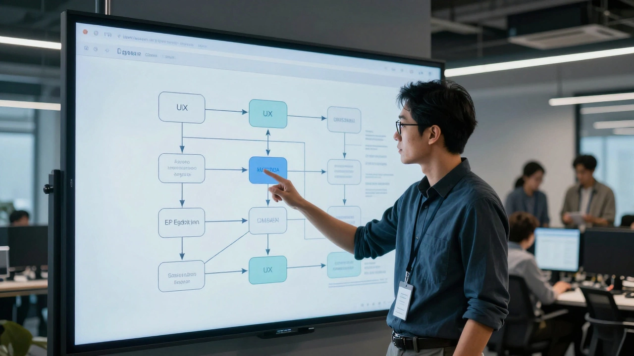 Продуктовый дизайнер обсуждает сложную UX-схему с командой в офисе
