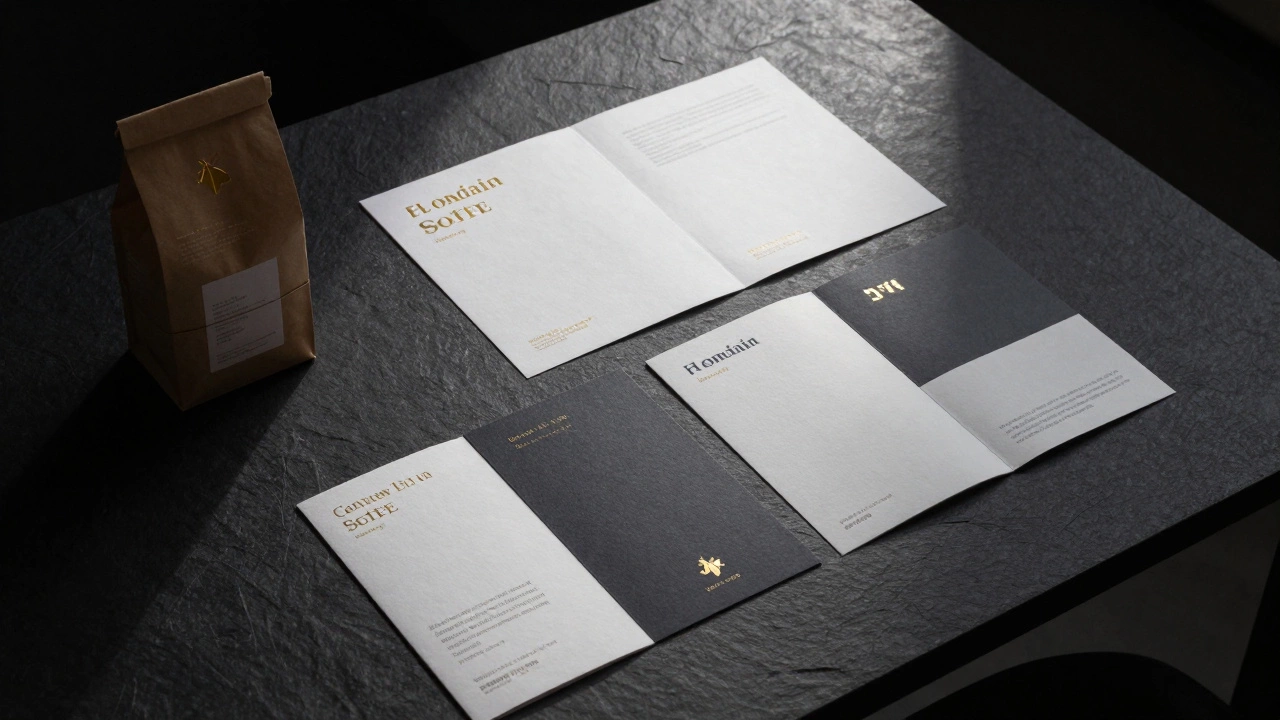 Профессиональное портфолио с макетами упаковки премиального кофе на столе