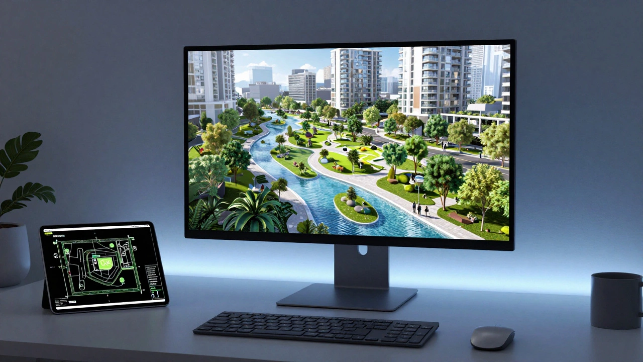 Современное рабочее место дизайнера с 3D-визуализацией парка на мониторе