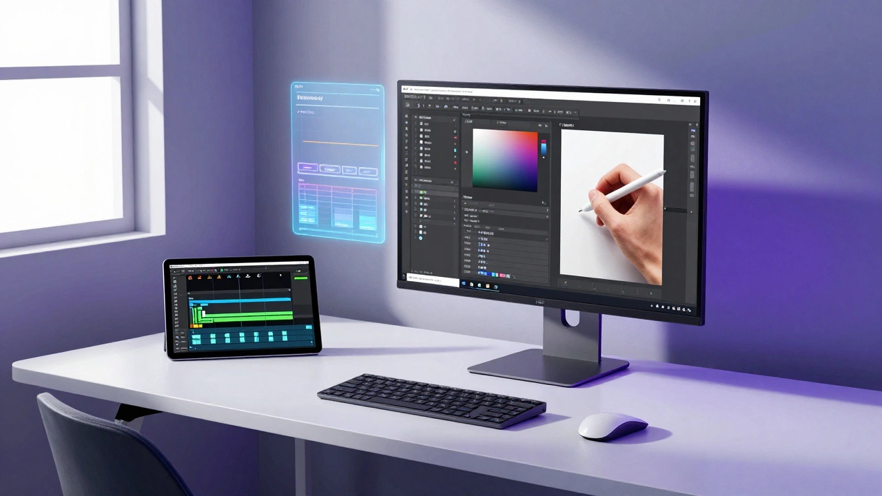 Современное рабочее место дизайнера с монитором, Figma и элементами ИИ