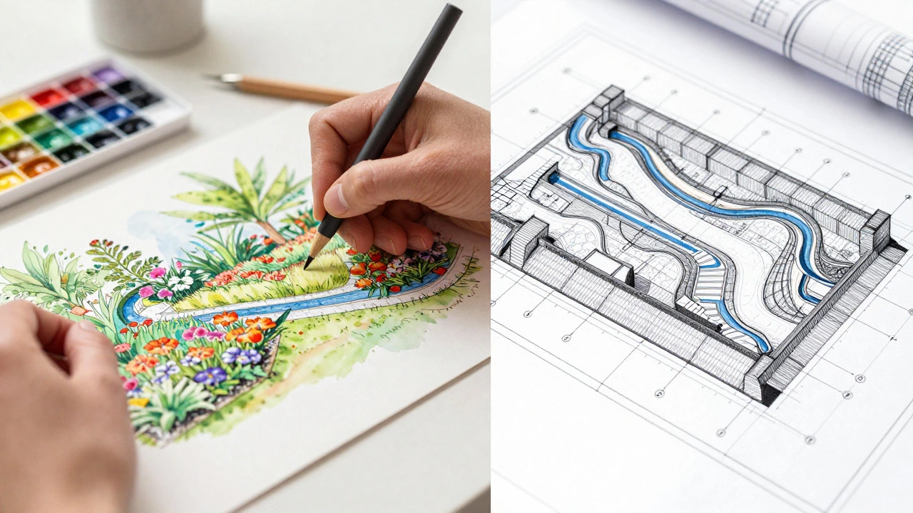 Сравнение творческого эскиза сада и технического чертежа ландшафтного архитектора