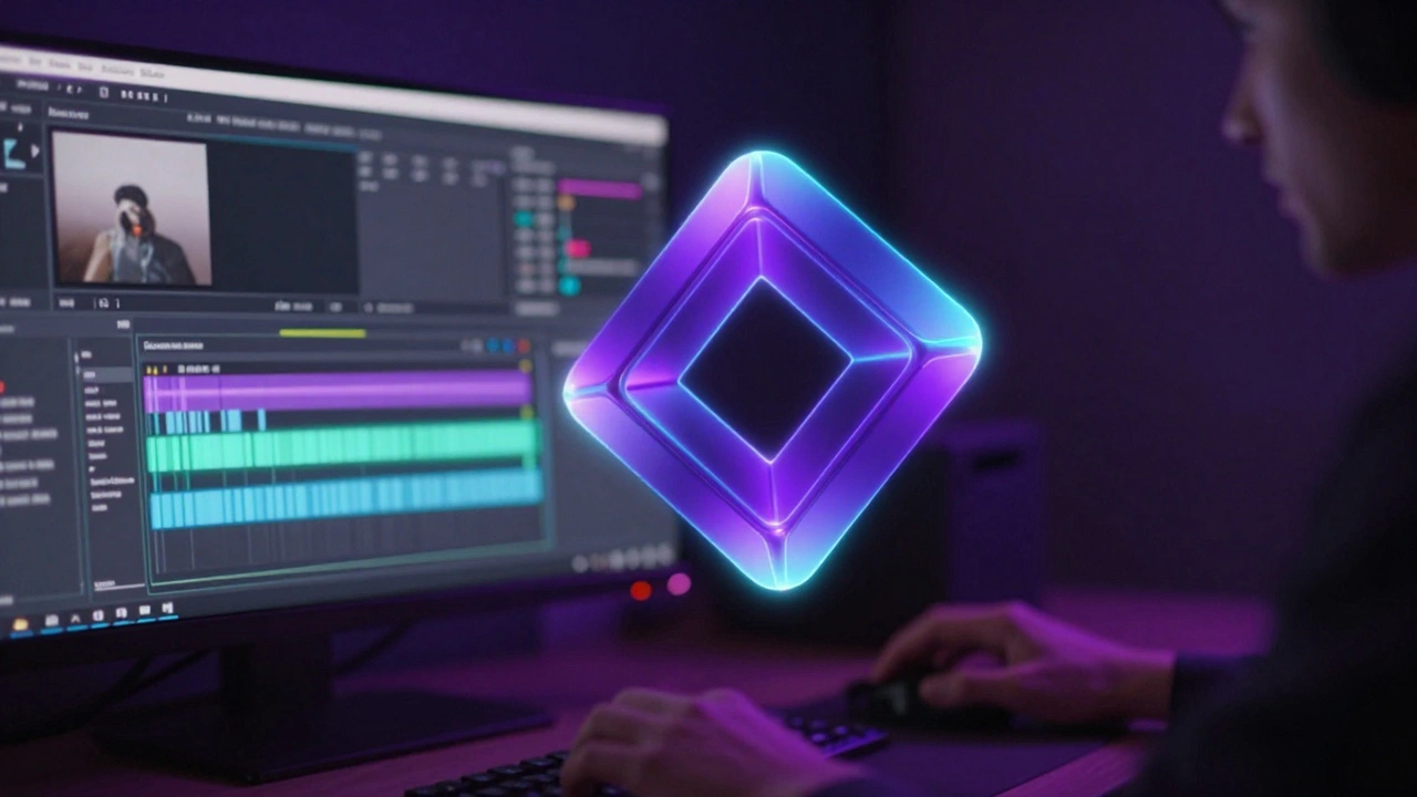 Абстрактная 3D анимация на рабочем столе моушн-дизайнера с неоновым светом